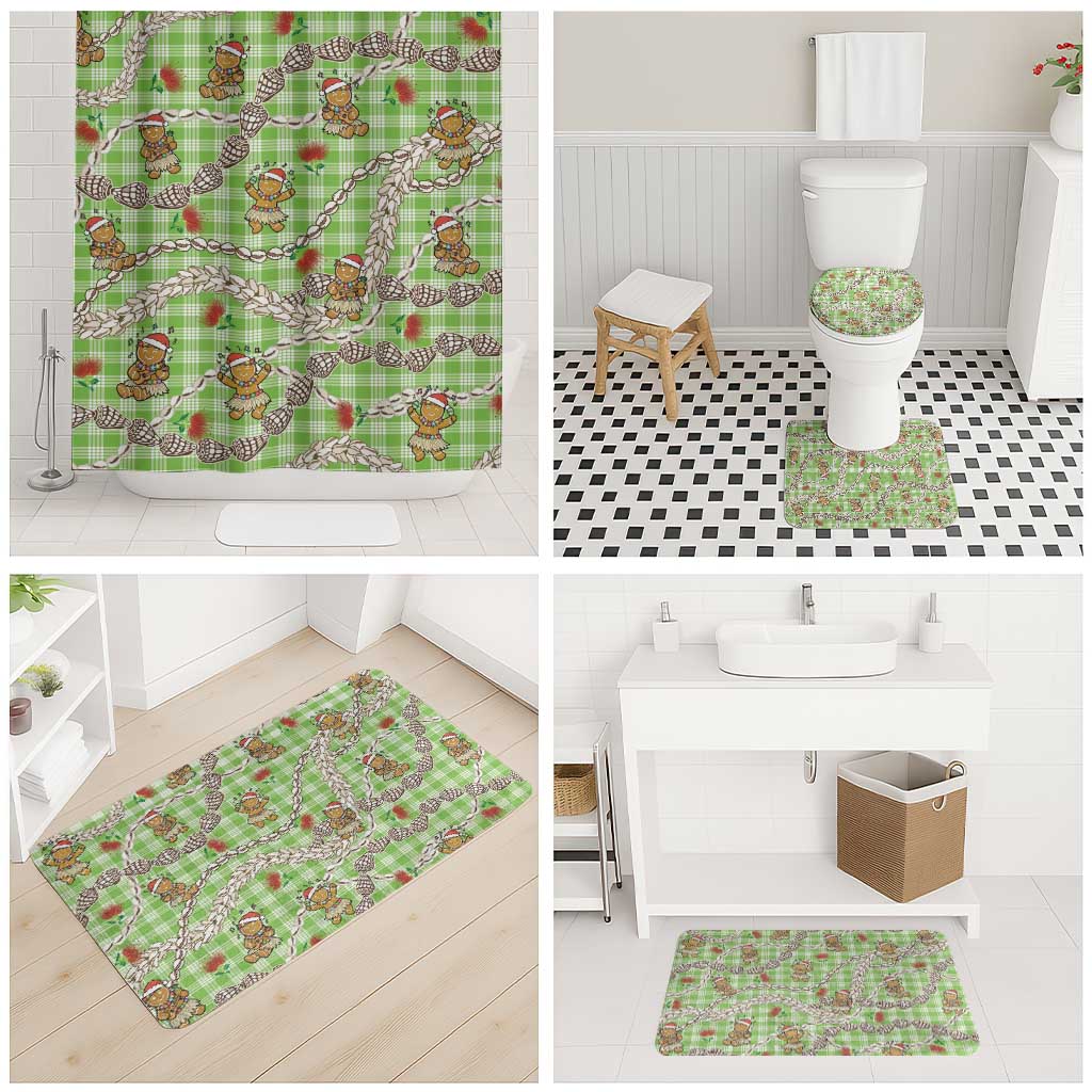 Green Palaka Hawaii Mele Kalikimaka Bathroom Set Ohia Lehua Shell Leis Funny Gingerbread Santa - Polynesian Pride