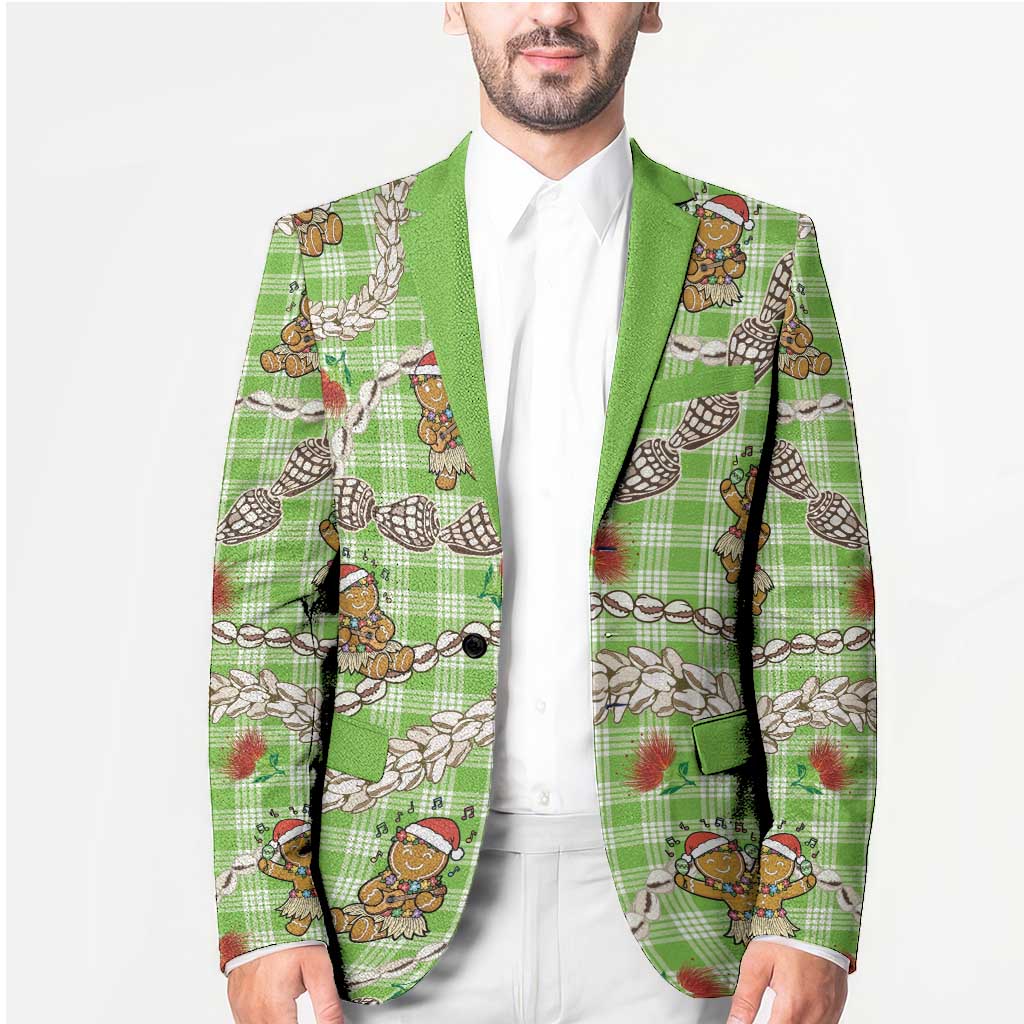 Green Palaka Hawaii Mele Kalikimaka Blazer Ohia Lehua Shell Leis Funny Gingerbread Santa - Polynesian Pride