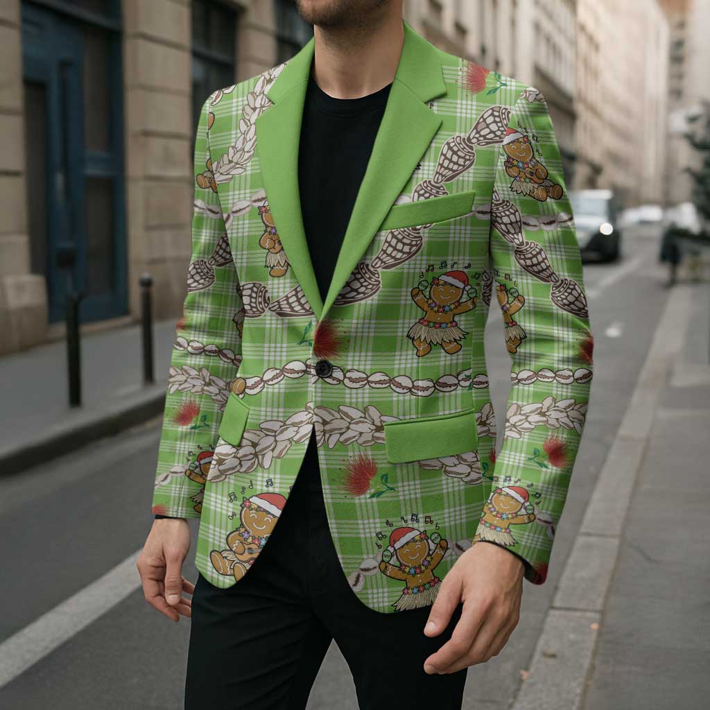 Green Palaka Hawaii Mele Kalikimaka Blazer Ohia Lehua Shell Leis Funny Gingerbread Santa - Polynesian Pride