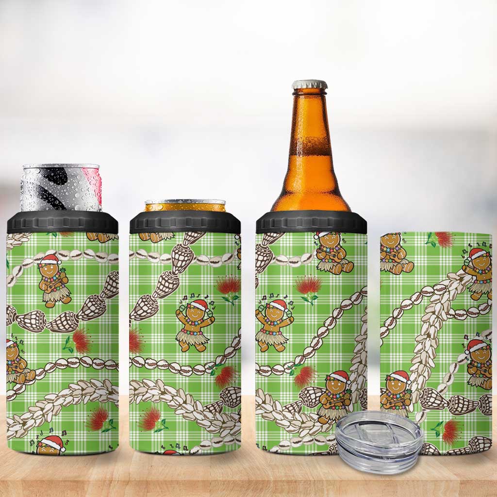 Green Palaka Hawaii Mele Kalikimaka 4 in 1 Can Cooler Tumbler Ohia Lehua Shell Leis Funny Gingerbread Santa LT14 - Polynesian Pride