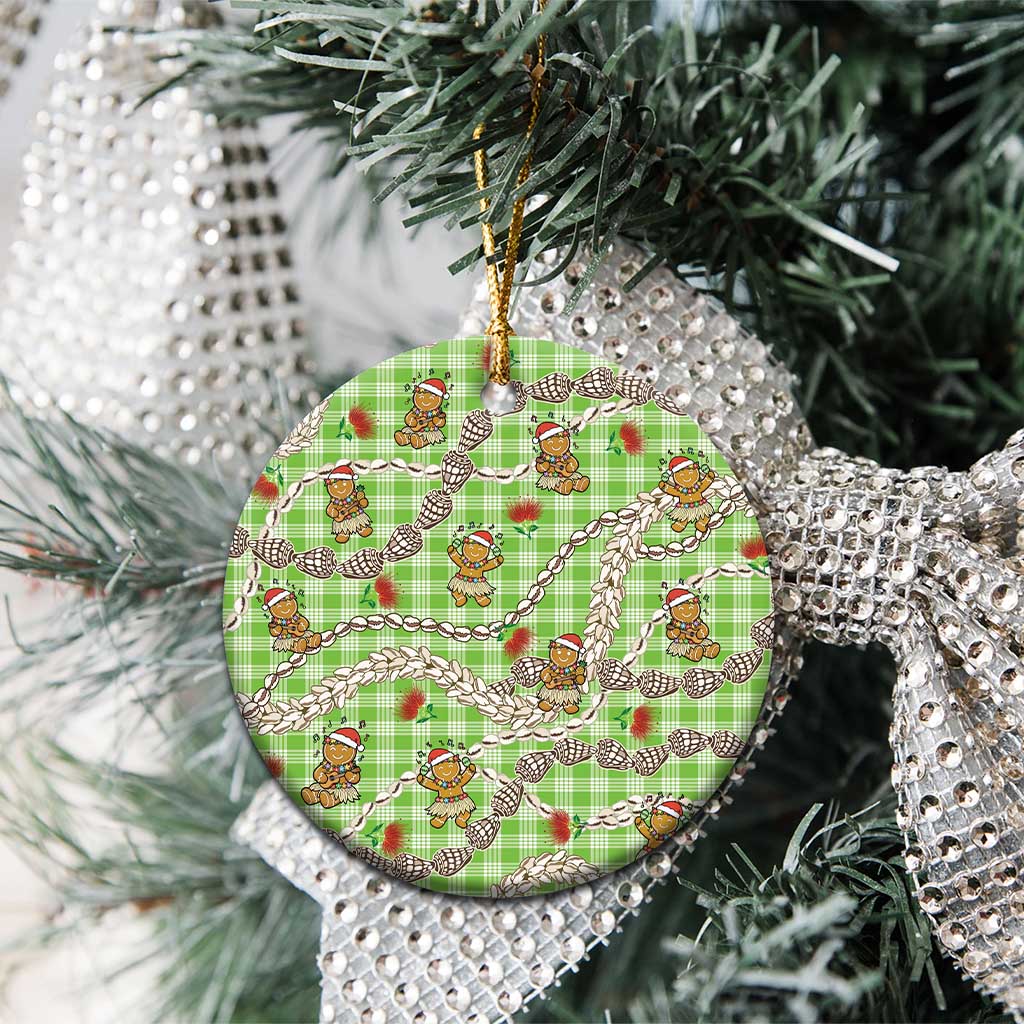 Green Palaka Hawaii Mele Kalikimaka Ceramic Ornament Ohia Lehua Shell Leis Funny Gingerbread Santa - Polynesian Pride