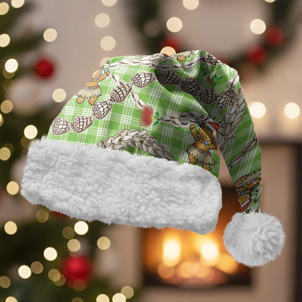 Green Palaka Hawaii Mele Kalikimaka Christmas Santa Hat Ohia Lehua Shell Leis Funny Gingerbread Santa LT14 With Fur Green - Polynesian Pride