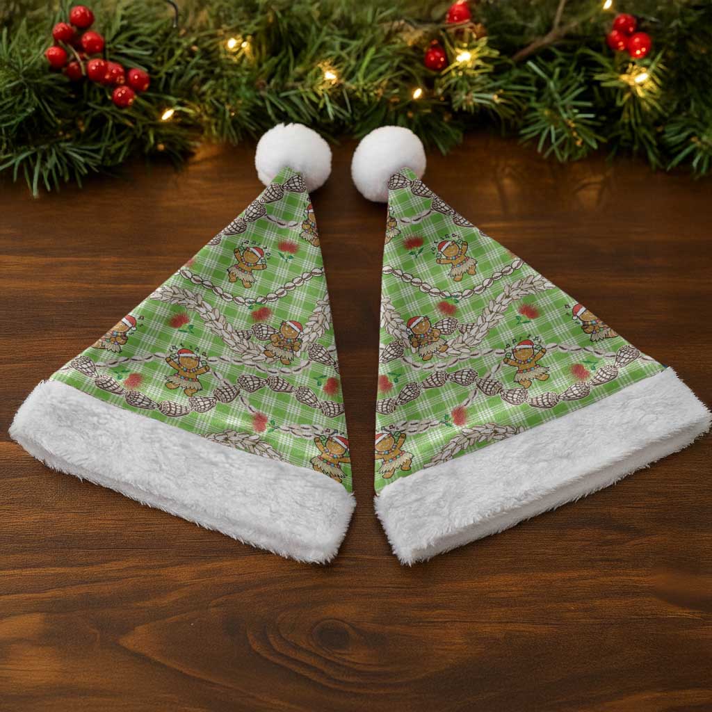Green Palaka Hawaii Mele Kalikimaka Christmas Santa Hat Ohia Lehua Shell Leis Funny Gingerbread Santa LT14 - Polynesian Pride