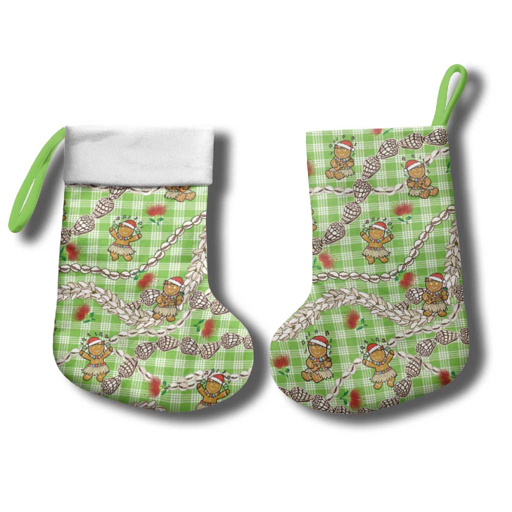 Green Palaka Hawaii Mele Kalikimaka Christmas Stocking Ohia Lehua Shell Leis Funny Gingerbread Santa - Polynesian Pride