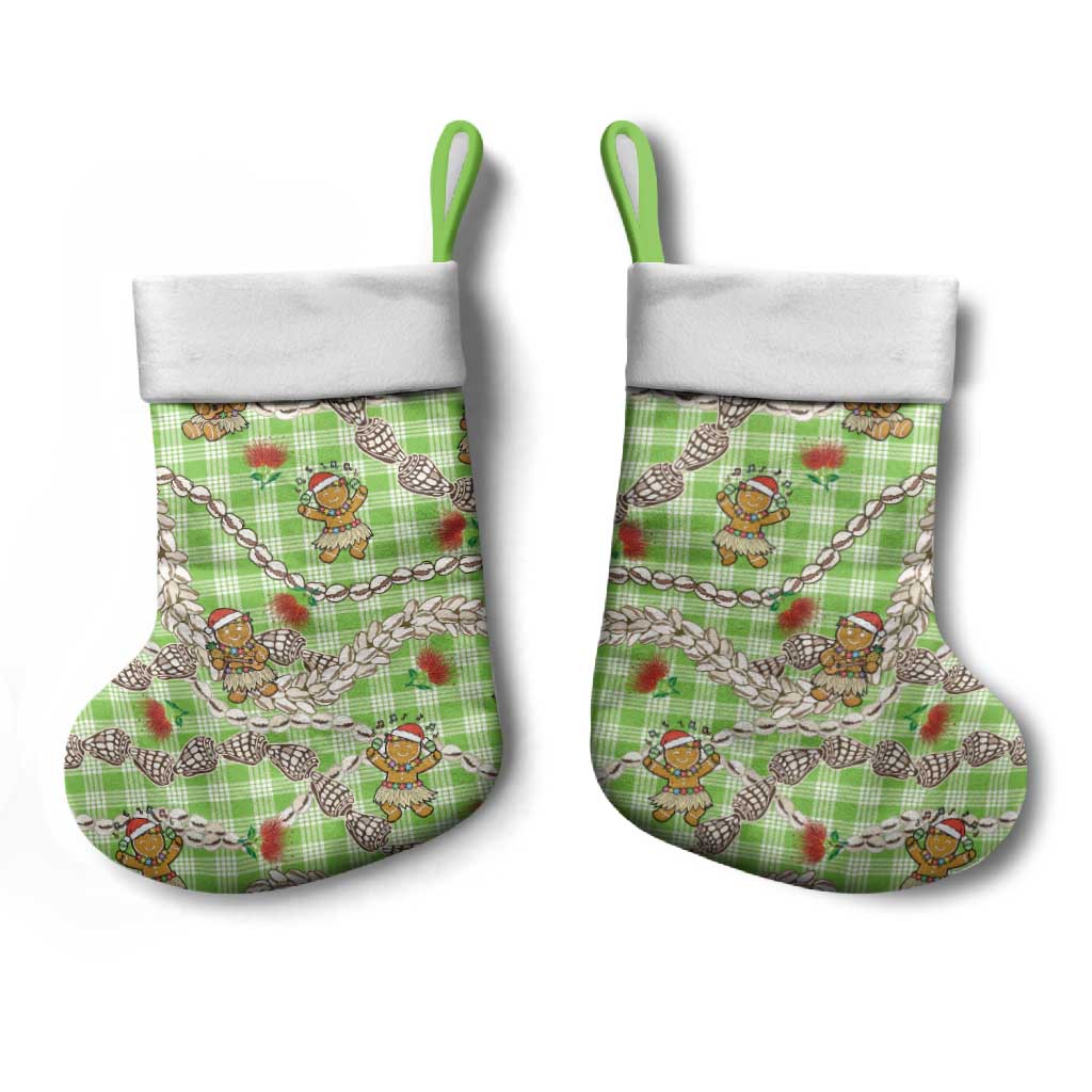 Green Palaka Hawaii Mele Kalikimaka Christmas Stocking Ohia Lehua Shell Leis Funny Gingerbread Santa - Polynesian Pride