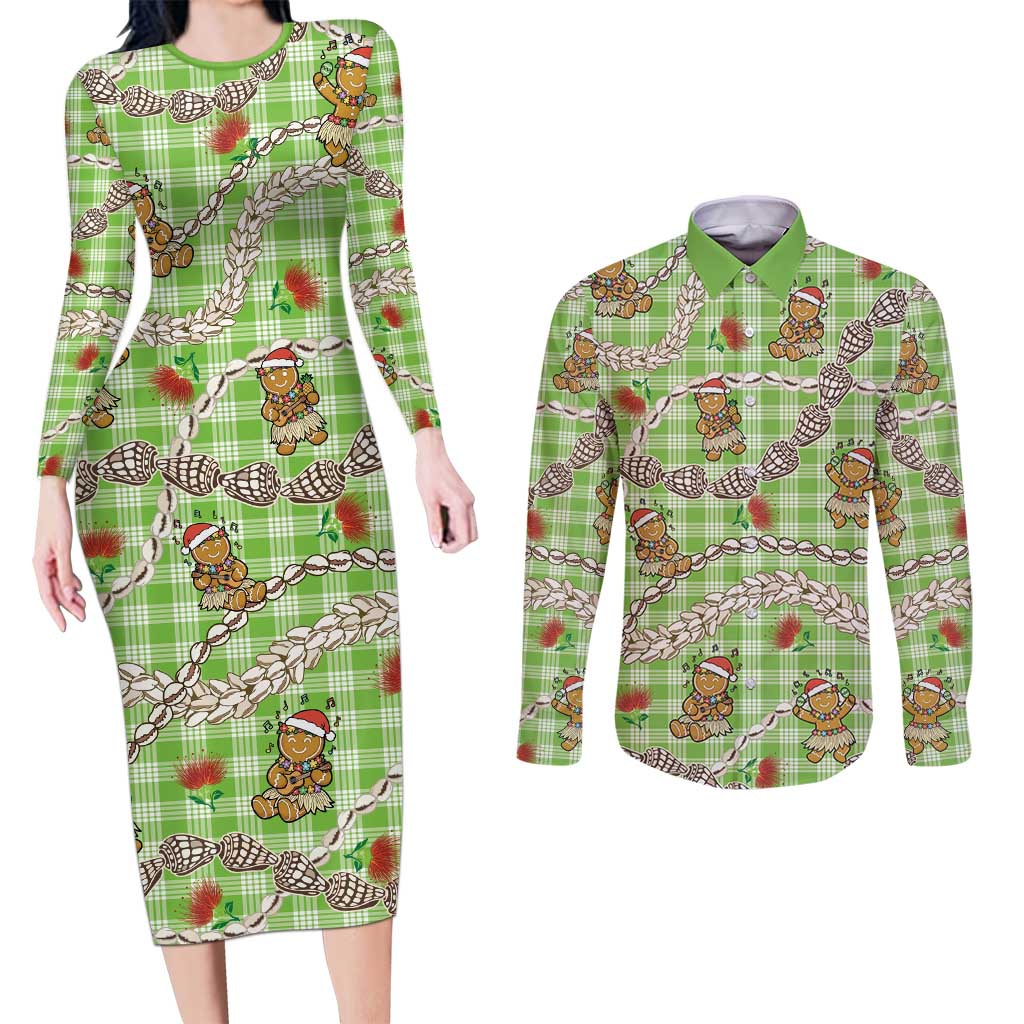 Green Palaka Hawaii Mele Kalikimaka Couples Matching Long Sleeve Bodycon Dress and Long Sleeve Button Shirt Ohia Lehua Shell Leis Funny Gingerbread Santa LT14 Green - Polynesian Pride