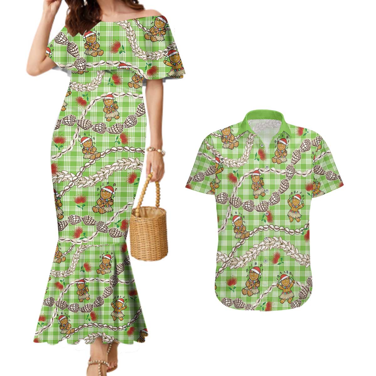 Green Palaka Hawaii Mele Kalikimaka Couples Matching Mermaid Dress and Hawaiian Shirt Ohia Lehua Shell Leis Funny Gingerbread Santa - Polynesian Pride