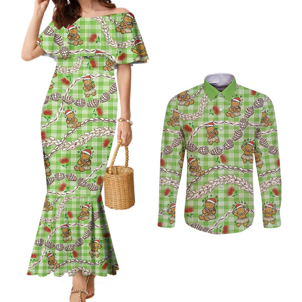 Green Palaka Hawaii Mele Kalikimaka Couples Matching Mermaid Dress and Long Sleeve Button Shirt Ohia Lehua Shell Leis Funny Gingerbread Santa - Polynesian Pride
