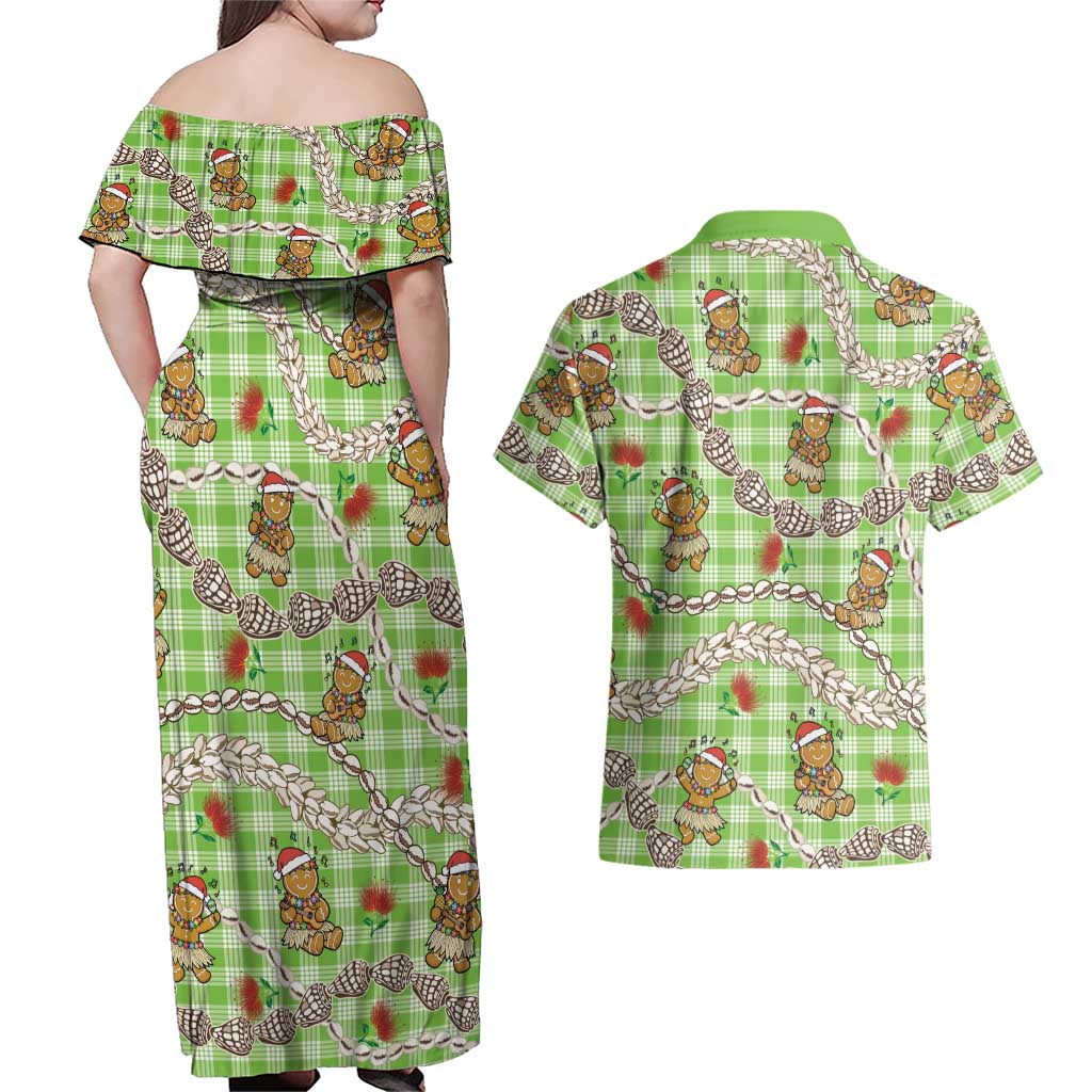 Green Palaka Hawaii Mele Kalikimaka Couples Matching Off Shoulder Maxi Dress and Hawaiian Shirt Ohia Lehua Shell Leis Funny Gingerbread Santa LT14 - Polynesian Pride