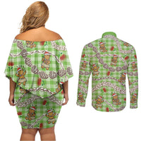 Green Palaka Hawaii Mele Kalikimaka Couples Matching Off Shoulder Short Dress and Long Sleeve Button Shirt Ohia Lehua Shell Leis Funny Gingerbread Santa LT14 - Polynesian Pride