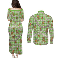 Green Palaka Hawaii Mele Kalikimaka Couples Matching Puletasi and Long Sleeve Button Shirt Ohia Lehua Shell Leis Funny Gingerbread Santa LT14 - Polynesian Pride