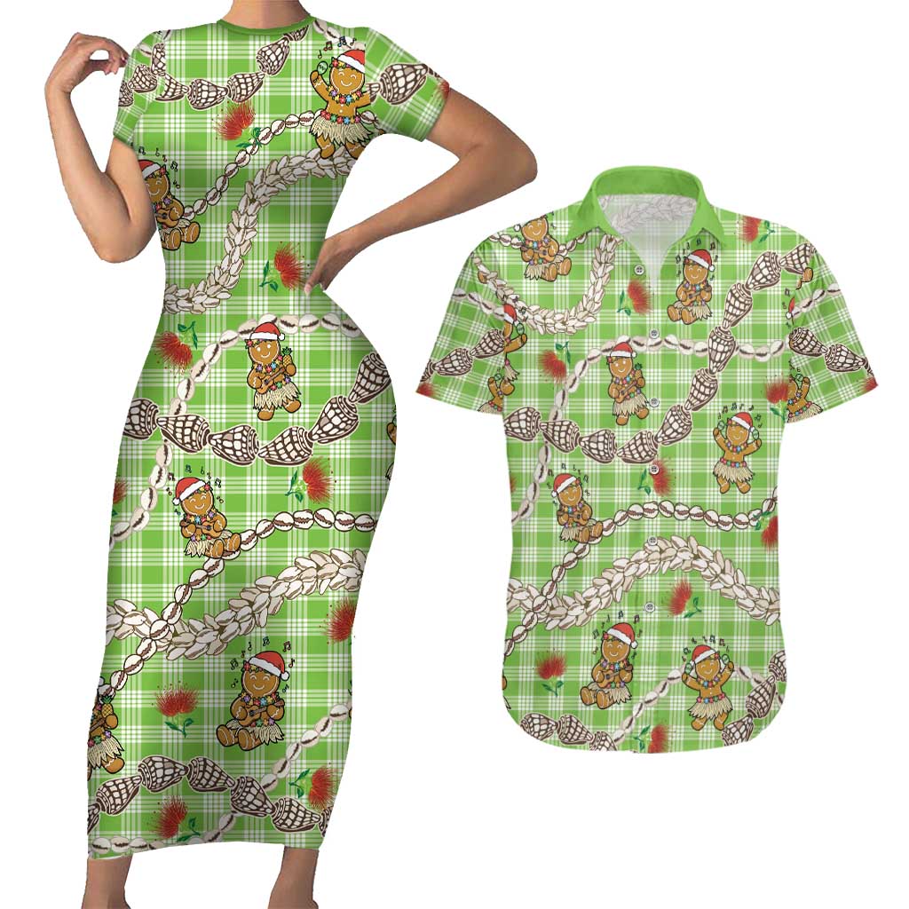 Green Palaka Hawaii Mele Kalikimaka Couples Matching Short Sleeve Bodycon Dress and Hawaiian Shirt Ohia Lehua Shell Leis Funny Gingerbread Santa LT14 Green - Polynesian Pride