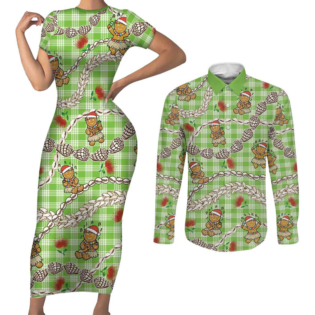 Green Palaka Hawaii Mele Kalikimaka Couples Matching Short Sleeve Bodycon Dress and Long Sleeve Button Shirt Ohia Lehua Shell Leis Funny Gingerbread Santa - Polynesian Pride