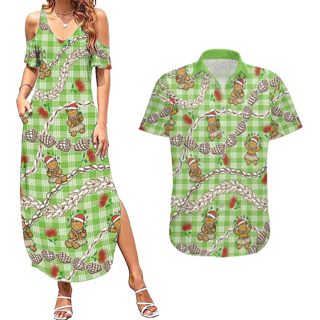 Green Palaka Hawaii Mele Kalikimaka Couples Matching Summer Maxi Dress and Hawaiian Shirt Ohia Lehua Shell Leis Funny Gingerbread Santa - Polynesian Pride