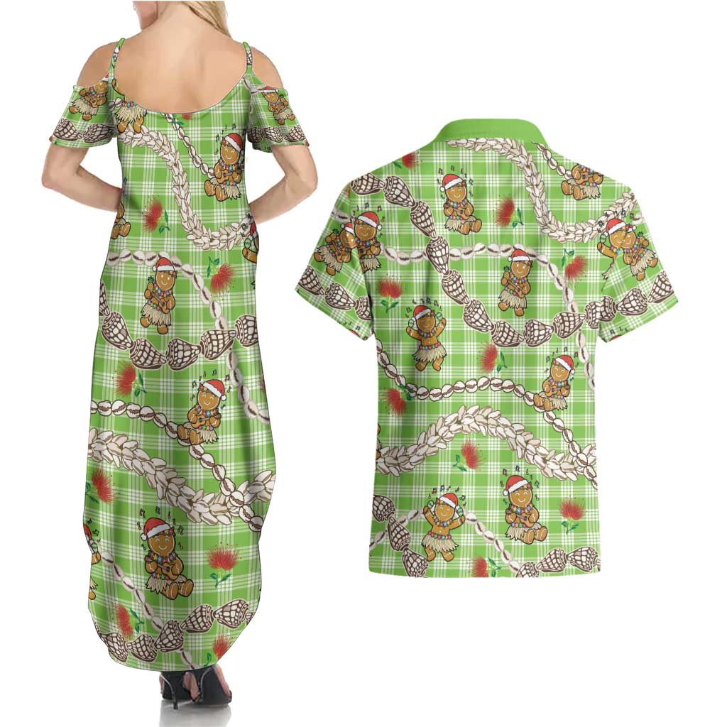 Green Palaka Hawaii Mele Kalikimaka Couples Matching Summer Maxi Dress and Hawaiian Shirt Ohia Lehua Shell Leis Funny Gingerbread Santa LT14 - Polynesian Pride