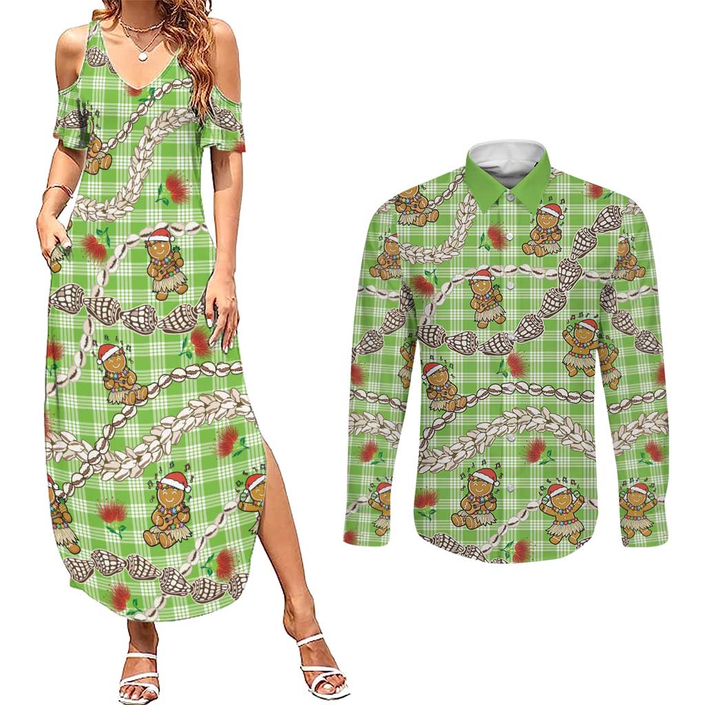 Green Palaka Hawaii Mele Kalikimaka Couples Matching Summer Maxi Dress and Long Sleeve Button Shirt Ohia Lehua Shell Leis Funny Gingerbread Santa LT14 Green - Polynesian Pride