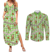 Green Palaka Hawaii Mele Kalikimaka Couples Matching Summer Maxi Dress and Long Sleeve Button Shirt Ohia Lehua Shell Leis Funny Gingerbread Santa LT14 Green - Polynesian Pride