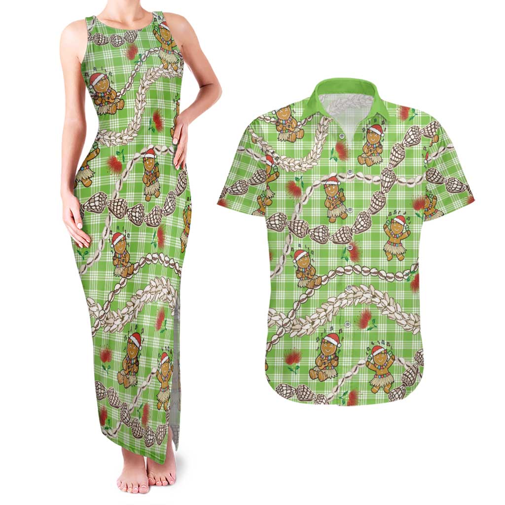 Green Palaka Hawaii Mele Kalikimaka Couples Matching Tank Maxi Dress and Hawaiian Shirt Ohia Lehua Shell Leis Funny Gingerbread Santa LT14 Green - Polynesian Pride