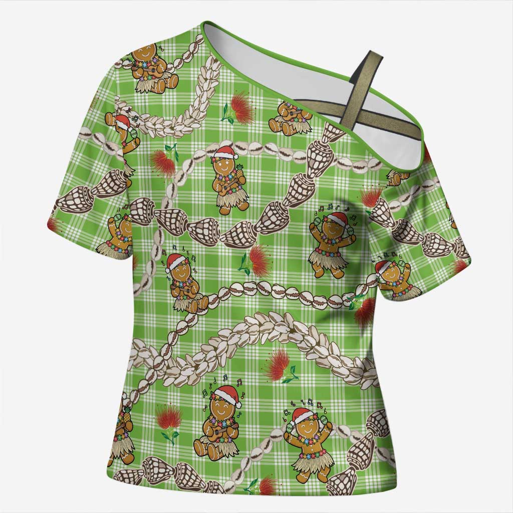 Green Palaka Hawaii Mele Kalikimaka Cross Shoulder Shirt Ohia Lehua Shell Leis Funny Gingerbread Santa LT14 Female Green - Polynesian Pride