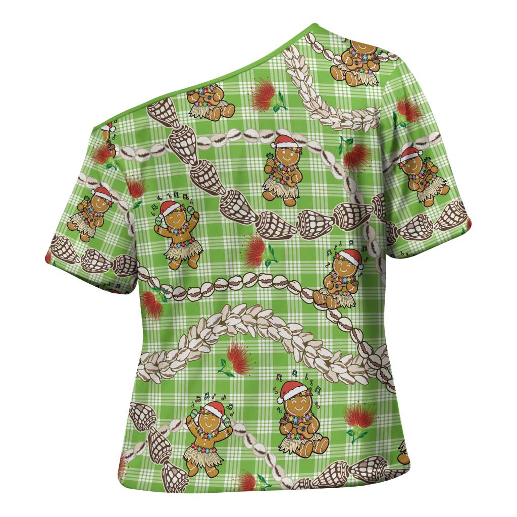 Green Palaka Hawaii Mele Kalikimaka Cross Shoulder Shirt Ohia Lehua Shell Leis Funny Gingerbread Santa LT14 - Polynesian Pride