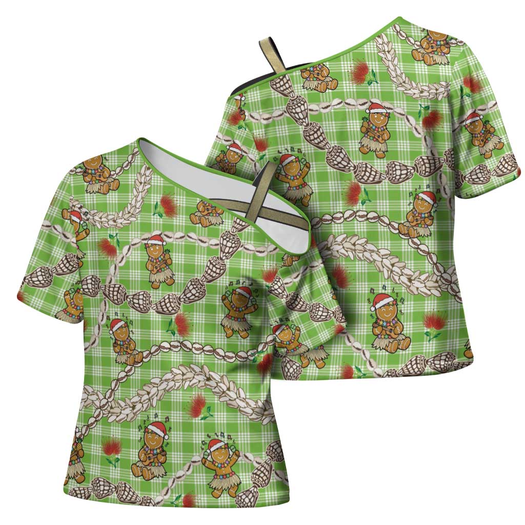 Green Palaka Hawaii Mele Kalikimaka Cross Shoulder Shirt Ohia Lehua Shell Leis Funny Gingerbread Santa LT14 - Polynesian Pride