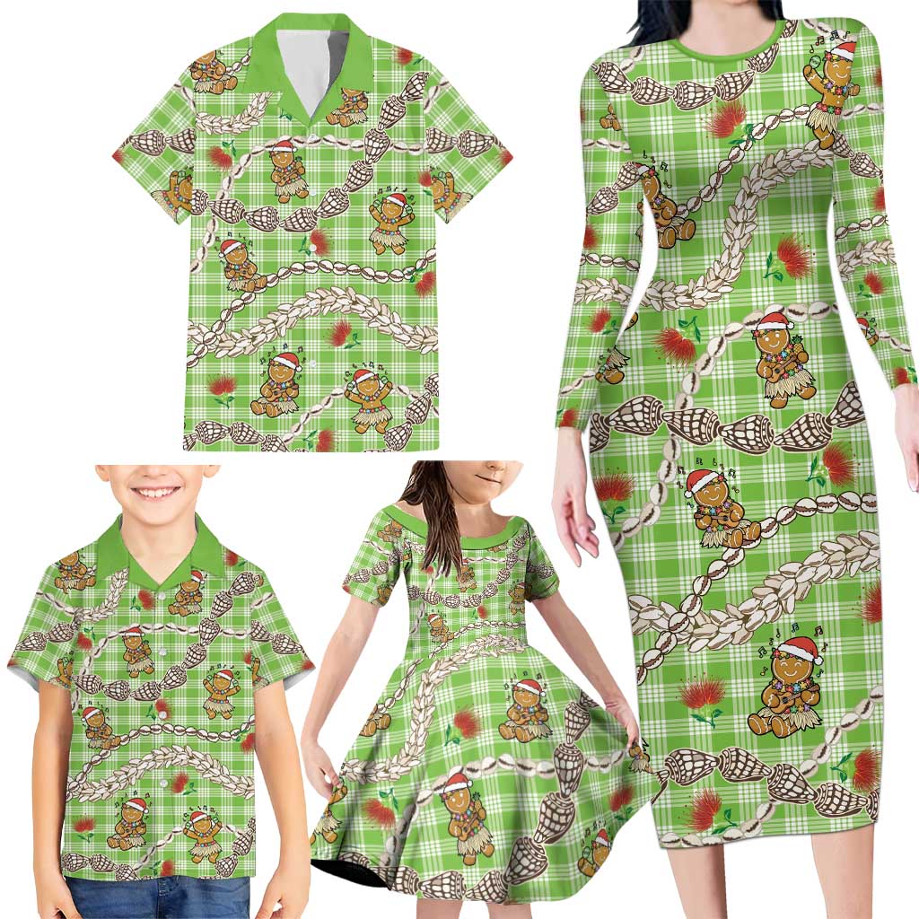 Green Palaka Hawaii Mele Kalikimaka Family Matching Long Sleeve Bodycon Dress and Hawaiian Shirt Ohia Lehua Shell Leis Funny Gingerbread Santa - Polynesian Pride