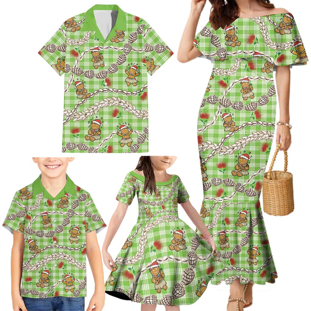 Green Palaka Hawaii Mele Kalikimaka Family Matching Mermaid Dress and Hawaiian Shirt Ohia Lehua Shell Leis Funny Gingerbread Santa LT14 - Polynesian Pride