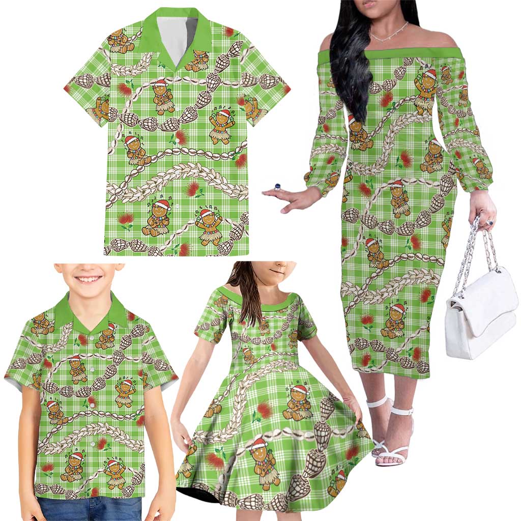 Green Palaka Hawaii Mele Kalikimaka Family Matching Off The Shoulder Long Sleeve Dress and Hawaiian Shirt Ohia Lehua Shell Leis Funny Gingerbread Santa LT14 - Polynesian Pride
