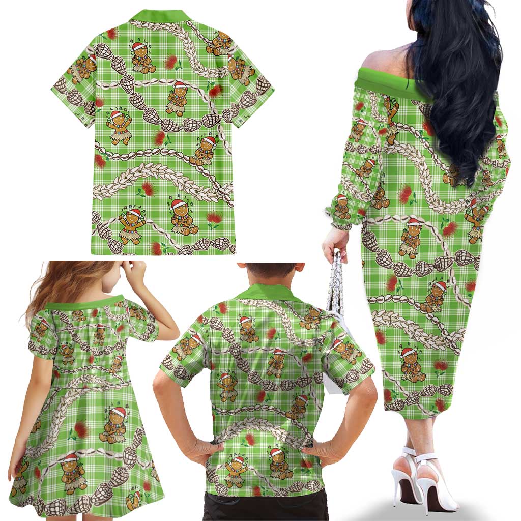 Green Palaka Hawaii Mele Kalikimaka Family Matching Off The Shoulder Long Sleeve Dress and Hawaiian Shirt Ohia Lehua Shell Leis Funny Gingerbread Santa LT14 - Polynesian Pride