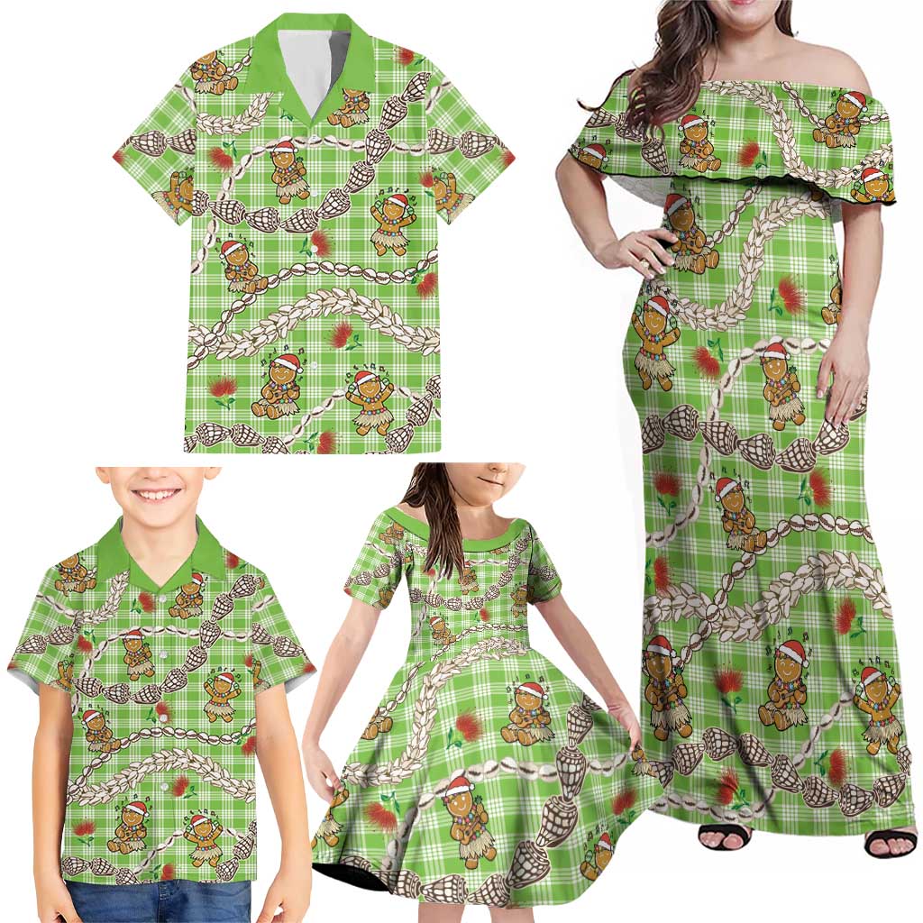 Green Palaka Hawaii Mele Kalikimaka Family Matching Off Shoulder Maxi Dress and Hawaiian Shirt Ohia Lehua Shell Leis Funny Gingerbread Santa - Polynesian Pride