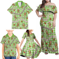 Green Palaka Hawaii Mele Kalikimaka Family Matching Off Shoulder Maxi Dress and Hawaiian Shirt Ohia Lehua Shell Leis Funny Gingerbread Santa LT14 - Polynesian Pride