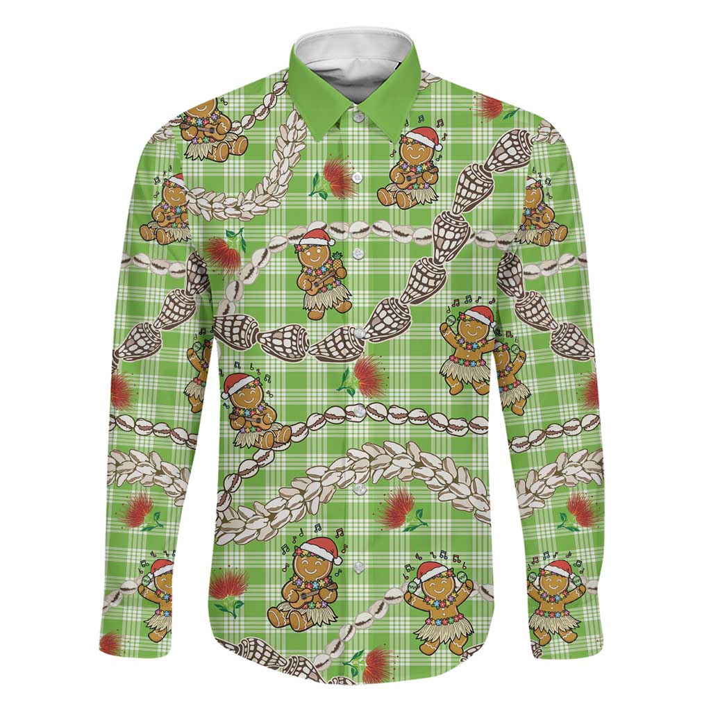 Green Palaka Hawaii Mele Kalikimaka Family Matching Off Shoulder Maxi Dress and Hawaiian Shirt Ohia Lehua Shell Leis Funny Gingerbread Santa LT14 Dad's Shirt - Long Sleeve Green - Polynesian Pride