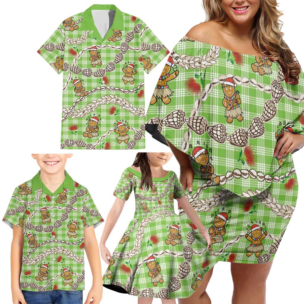 Green Palaka Hawaii Mele Kalikimaka Family Matching Off Shoulder Short Dress and Hawaiian Shirt Ohia Lehua Shell Leis Funny Gingerbread Santa - Polynesian Pride