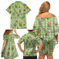 Green Palaka Hawaii Mele Kalikimaka Family Matching Off Shoulder Short Dress and Hawaiian Shirt Ohia Lehua Shell Leis Funny Gingerbread Santa LT14 - Polynesian Pride