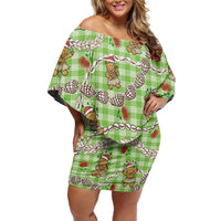 Green Palaka Hawaii Mele Kalikimaka Family Matching Off Shoulder Short Dress and Hawaiian Shirt Ohia Lehua Shell Leis Funny Gingerbread Santa LT14 Green - Polynesian Pride
