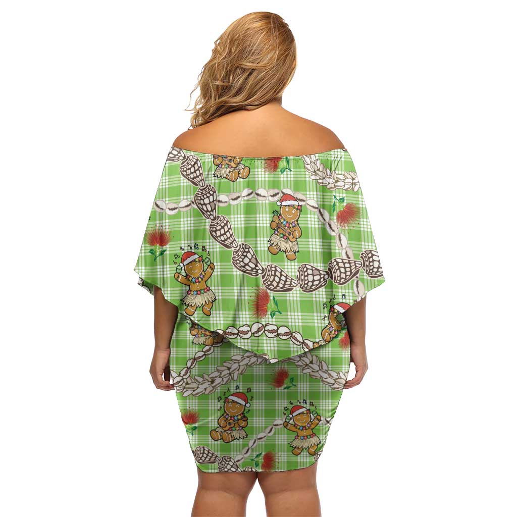 Green Palaka Hawaii Mele Kalikimaka Family Matching Off Shoulder Short Dress and Hawaiian Shirt Ohia Lehua Shell Leis Funny Gingerbread Santa LT14 - Polynesian Pride