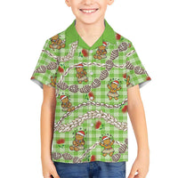 Green Palaka Hawaii Mele Kalikimaka Family Matching Off Shoulder Short Dress and Hawaiian Shirt Ohia Lehua Shell Leis Funny Gingerbread Santa LT14 - Polynesian Pride