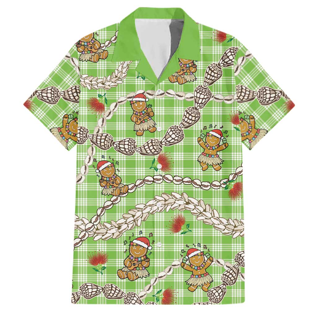 Green Palaka Hawaii Mele Kalikimaka Family Matching Puletasi and Hawaiian Shirt Ohia Lehua Shell Leis Funny Gingerbread Santa LT14 Dad's Shirt - Short Sleeve Green - Polynesian Pride