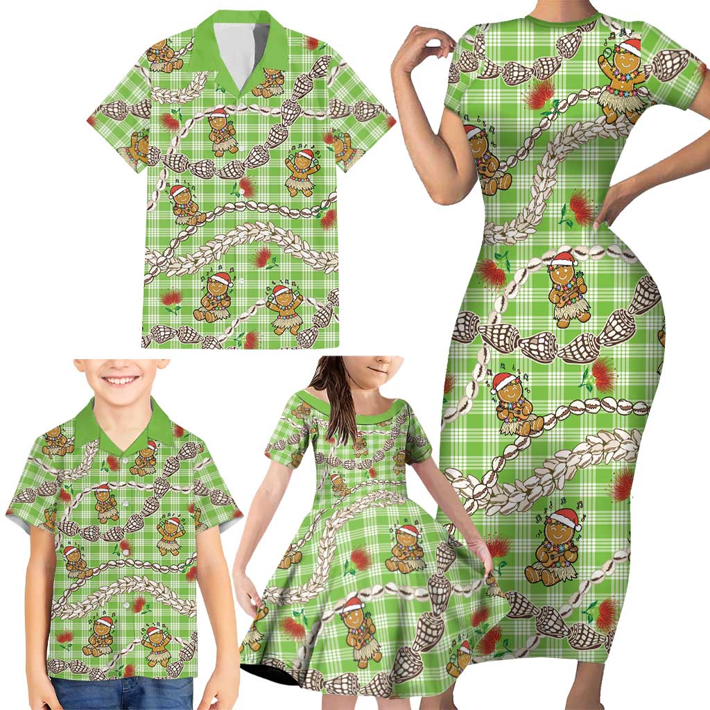 Green Palaka Hawaii Mele Kalikimaka Family Matching Short Sleeve Bodycon Dress and Hawaiian Shirt Ohia Lehua Shell Leis Funny Gingerbread Santa - Polynesian Pride