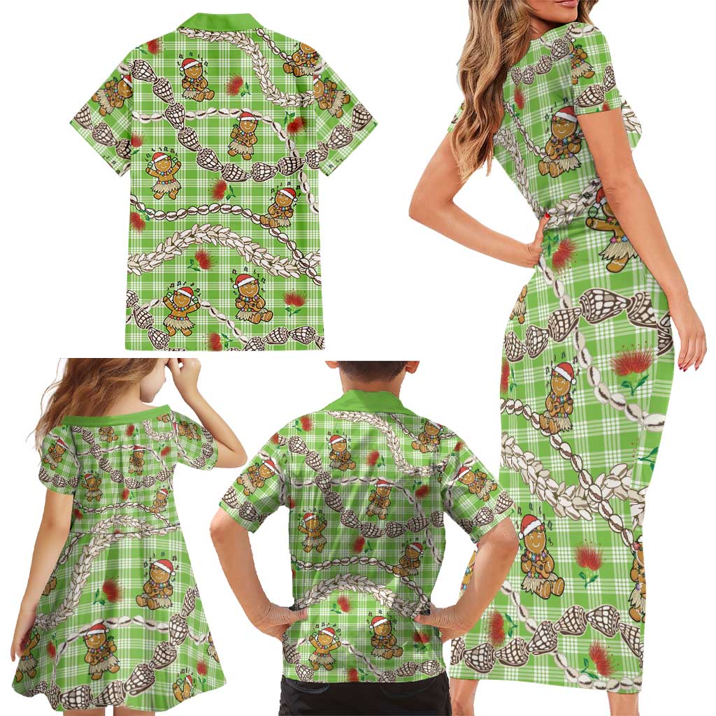 Green Palaka Hawaii Mele Kalikimaka Family Matching Short Sleeve Bodycon Dress and Hawaiian Shirt Ohia Lehua Shell Leis Funny Gingerbread Santa LT14 - Polynesian Pride