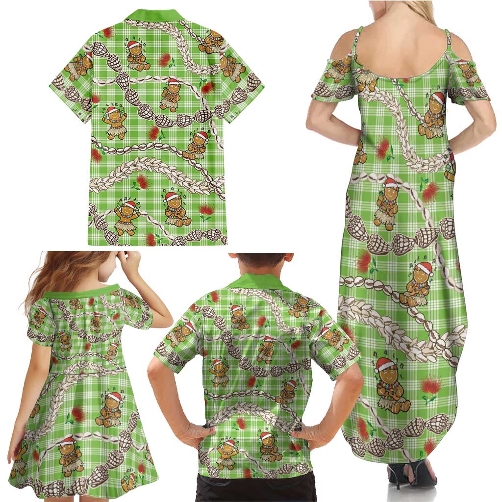 Green Palaka Hawaii Mele Kalikimaka Family Matching Summer Maxi Dress and Hawaiian Shirt Ohia Lehua Shell Leis Funny Gingerbread Santa LT14 - Polynesian Pride