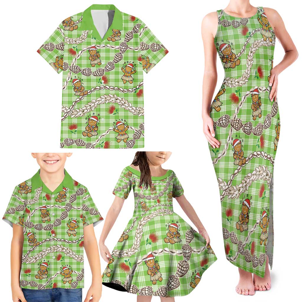 Green Palaka Hawaii Mele Kalikimaka Family Matching Tank Maxi Dress and Hawaiian Shirt Ohia Lehua Shell Leis Funny Gingerbread Santa LT14 - Polynesian Pride