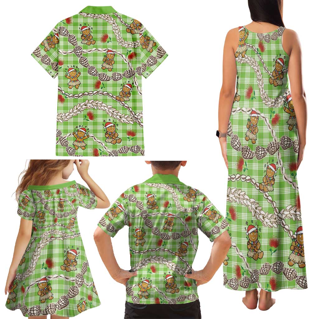 Green Palaka Hawaii Mele Kalikimaka Family Matching Tank Maxi Dress and Hawaiian Shirt Ohia Lehua Shell Leis Funny Gingerbread Santa LT14 - Polynesian Pride
