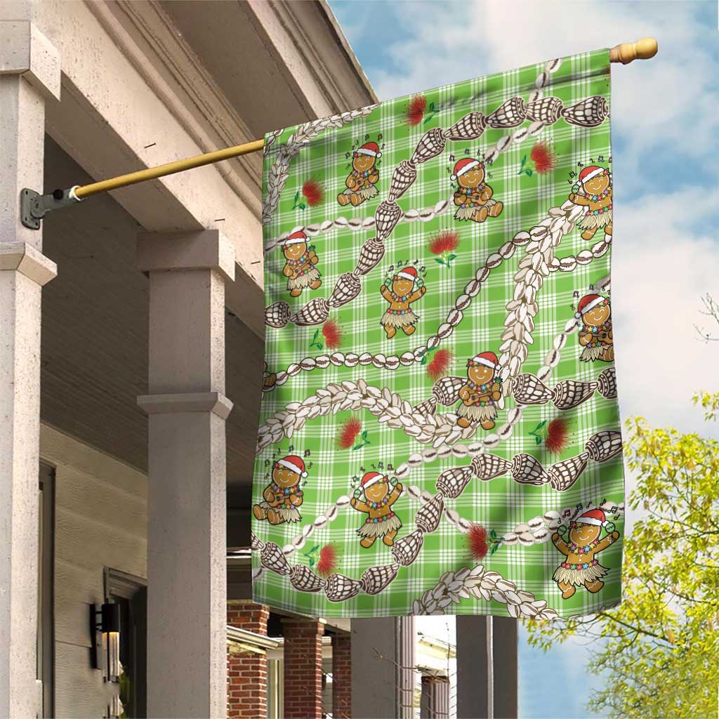 Green Palaka Hawaii Mele Kalikimaka Garden Flag Ohia Lehua Shell Leis Funny Gingerbread Santa - Polynesian Pride