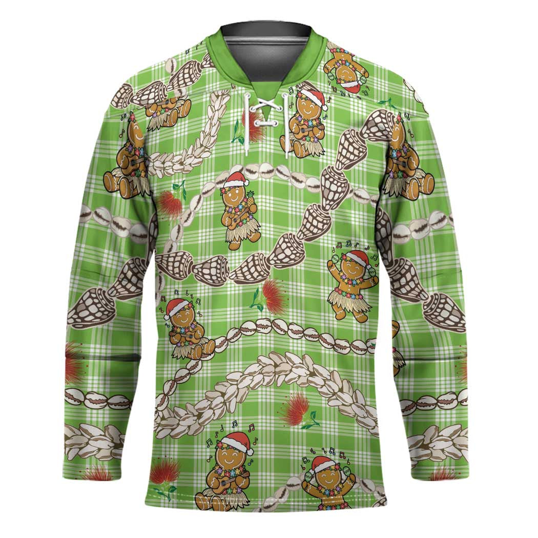 Green Palaka Hawaii Mele Kalikimaka Hockey Jersey Ohia Lehua Shell Leis Funny Gingerbread Santa LT14 Unisex Green - Polynesian Pride