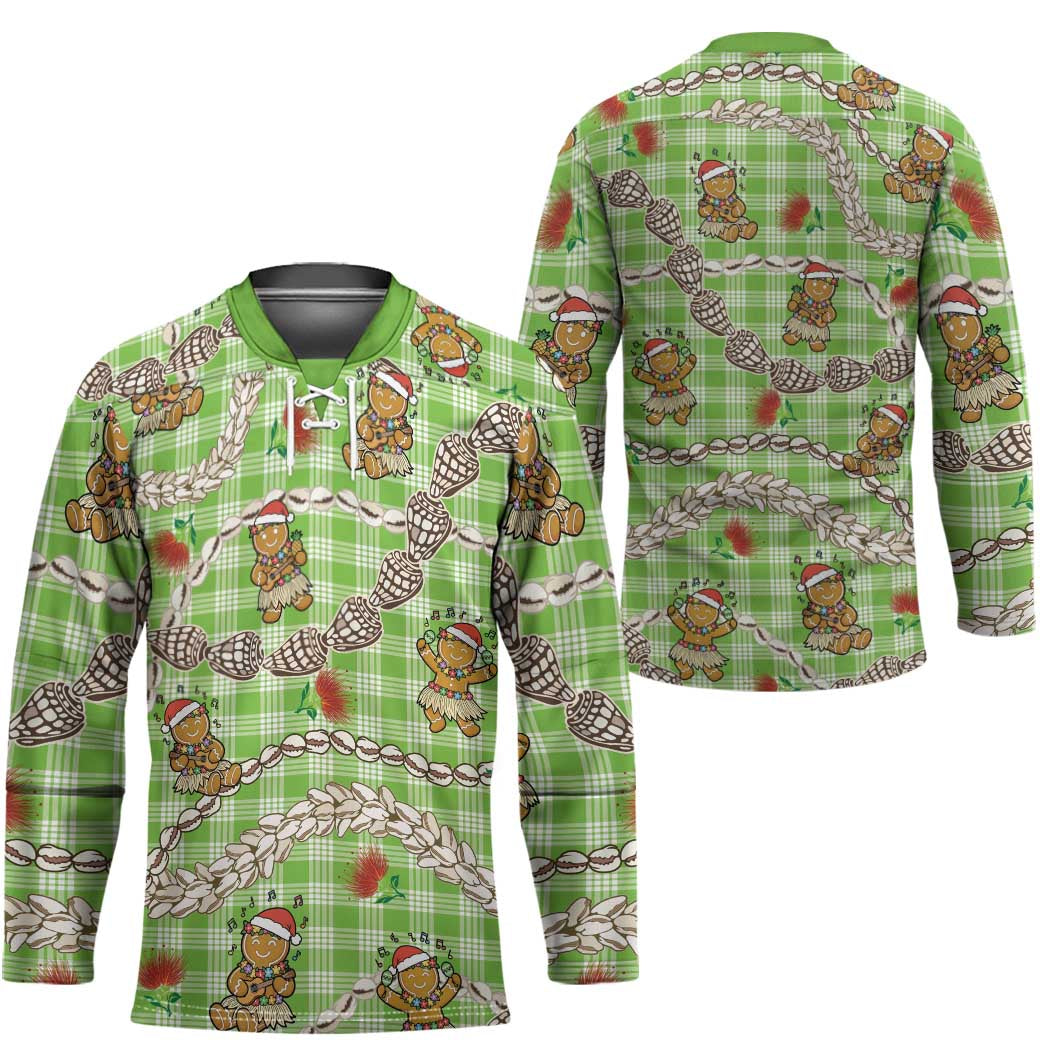 Green Palaka Hawaii Mele Kalikimaka Hockey Jersey Ohia Lehua Shell Leis Funny Gingerbread Santa LT14 - Polynesian Pride