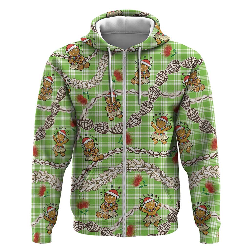 Green Palaka Hawaii Mele Kalikimaka Hoodie Ohia Lehua Shell Leis Funny Gingerbread Santa LT14 Zip Hoodie Green - Polynesian Pride