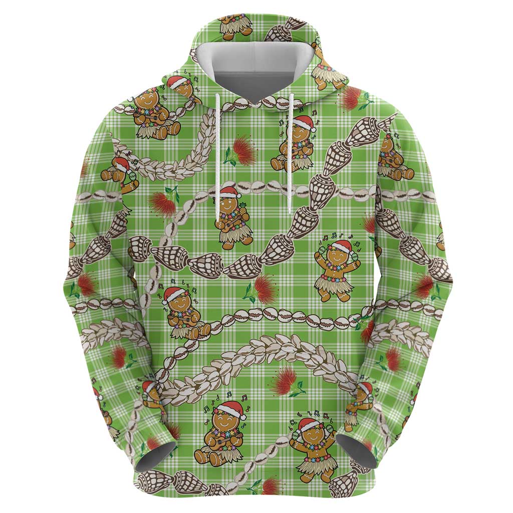 Green Palaka Hawaii Mele Kalikimaka Hoodie Ohia Lehua Shell Leis Funny Gingerbread Santa LT14 - Polynesian Pride
