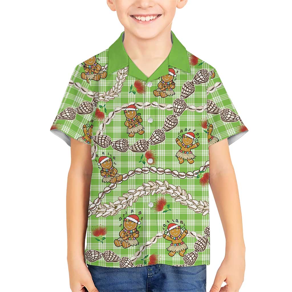 Green Palaka Hawaii Mele Kalikimaka Kid Hawaiian Shirt Ohia Lehua Shell Leis Funny Gingerbread Santa LT14 Kid Green - Polynesian Pride