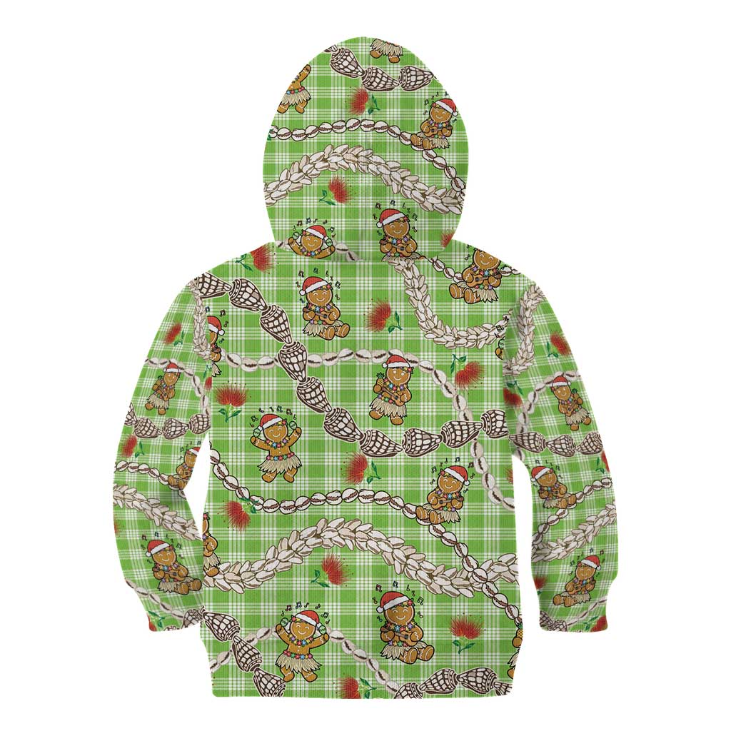 Green Palaka Hawaii Mele Kalikimaka Kid Hoodie Ohia Lehua Shell Leis Funny Gingerbread Santa - Polynesian Pride